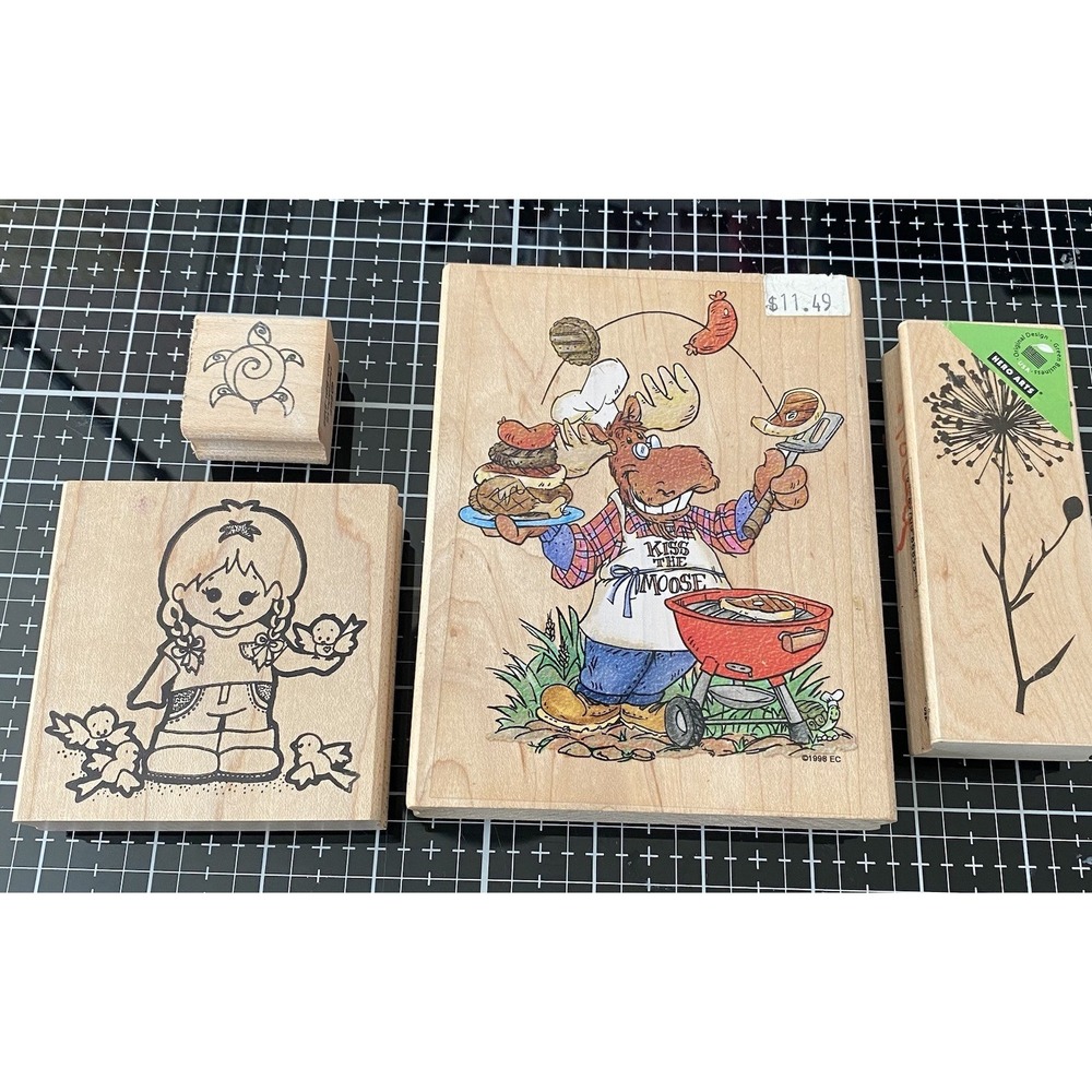 Lot Of 4 Rubber Stamps Big Grill Crazy Moose Hero Arts Flower Burst Girl Birds